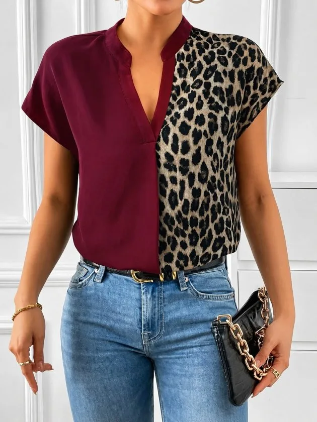 Kadın Kısa Kollu V Hakim Yakalı Leopar Desenli Sandy Bluza, 35715 - Bordo – Bordo, S-M