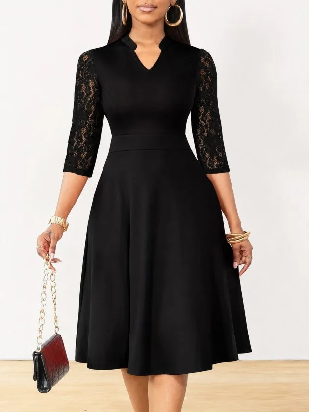 Kadın Kısa Kollu V Yakalı Dantelli Kısa Ithal Krep Elbise, 35721 - Siyah – Siyah, 2XL-3XL