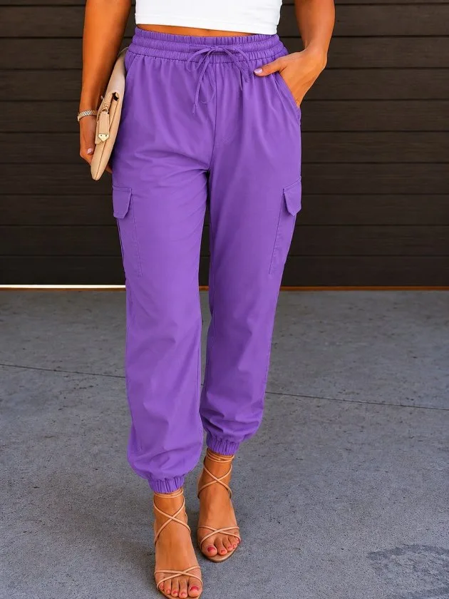 Kadın Yüksek Bel Bağcıklı Cepli Paça Ağzı Lastikli Parasüt Pantolon, 35716 - Lila – Lila, 2XL