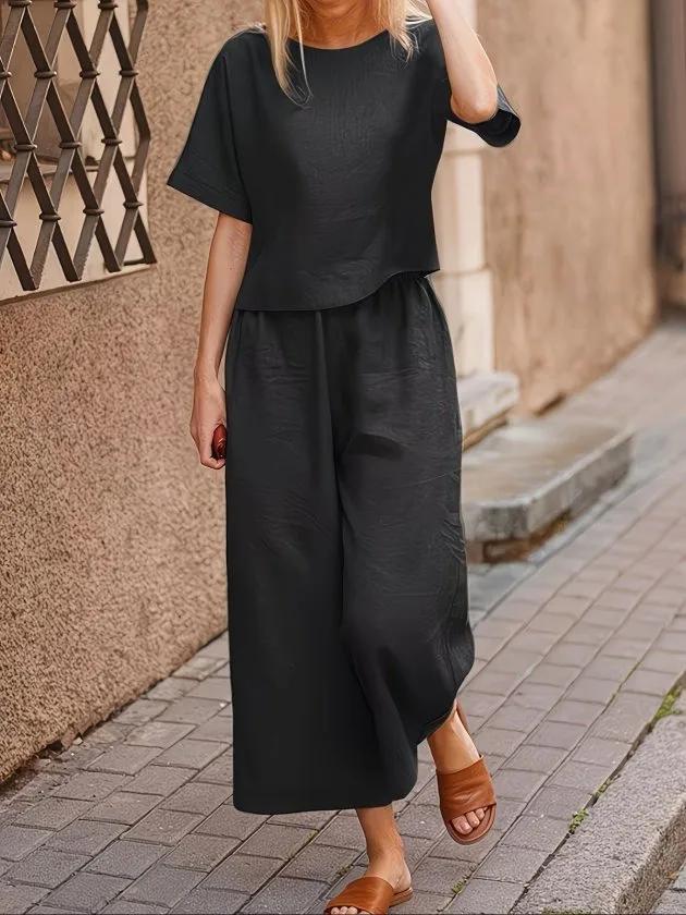 Kadın Kısa Kollu Kayık Yakalı Bluz Ve Pantolon Ikili Takım, 35737 - Siyah – Siyah, L-XL