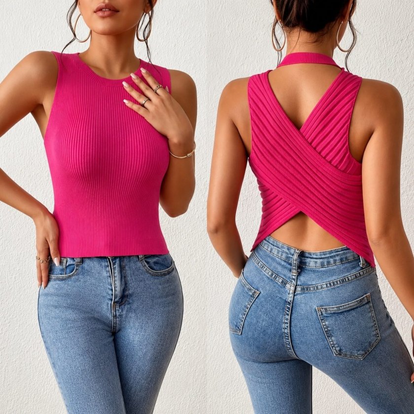 Kadın Sıfır Kol Sırt çapraz Detay Triko Bluz, 35775 - Pembe