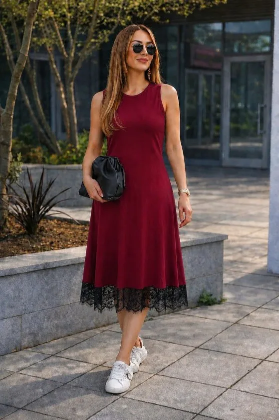 Kadın Askılı Yuvarlak Yakalı Etek Ucu Dantelli Midi Elbise , 35766 - Bordo – Bordo, 2XL-3XL