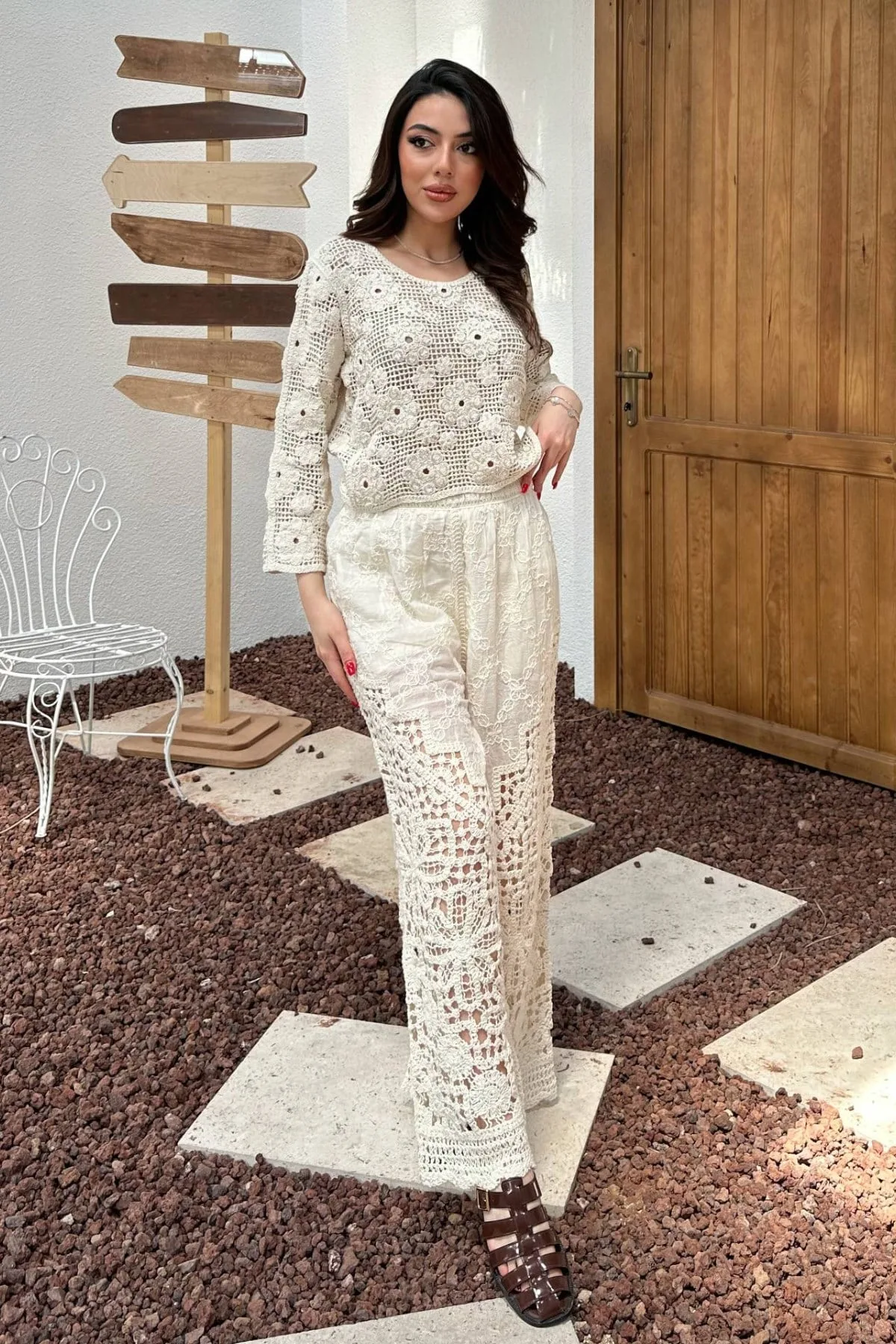 Ekru Ajurlu Örgü Bluz Pantolon Takım - Ekru – Ekru, M
