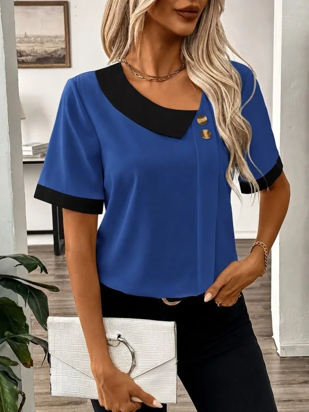 Kadın Kısa Kollu Asımetrik Yaka Detaylı Düğmeli Dubai Bluz, 35799 - Mavi – Mavi, S-M
