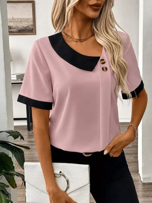 Kadın Kısa Kollu Asımetrik Yaka Detaylı Düğmeli Dubai Bluz, 35798 - Pembe – Pembe, S-M