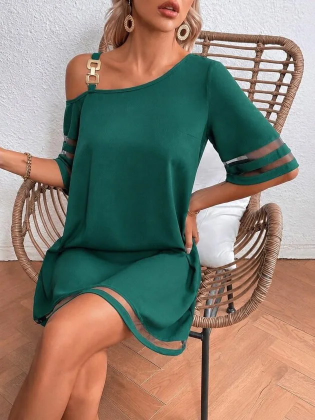Kadın Tek Omuzdan Acık Askılı Tül şerit Detaylı Kısa Janjan Krep Elbise, 35839 - Yeşil – Yeşil, 2XL-3XL