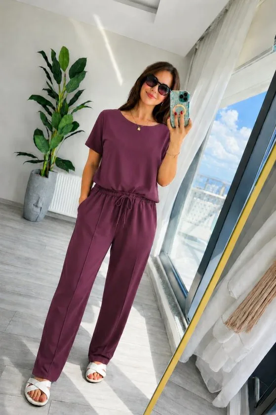Kadın Kısa Kollu Bisiklet Yakalı Viskon Iki Iplik Bluz Ve Pantolon Ikili Takım, 35859 - Bordo – Bordo, L-XL