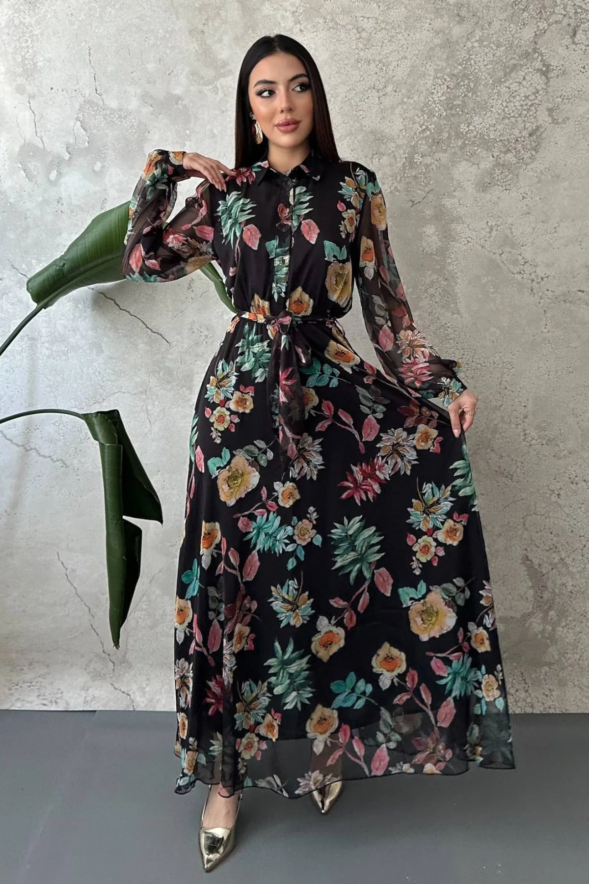 Siyah Çiçekli Şifon Elbise - Siyah – Siyah, L