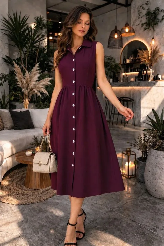 Kadın Kolsuz Yakalı önden Düğmeli Kemersiz Midi Janjan Krep Elbise, 35958 - Bordo – Bordo, 2XL-3XL
