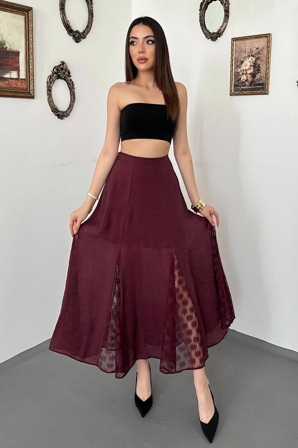 Bordo Dantelli Kraşlı Etek - Bordo – Bordo, L
