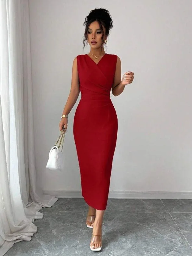 Kadın Kolsuz Kruvaze Yakalı Mide Janjan Krep Elbise, 34580 - Kırmızı – Kırmızı, S-M