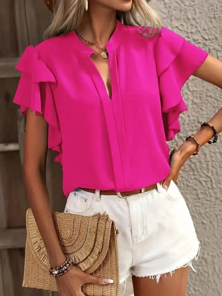Kadın Kısa Kollu V Hakim Yaka Kolları Fırfırlı Dubai Bluz, 36132 - Pembe – Pembe, S-M