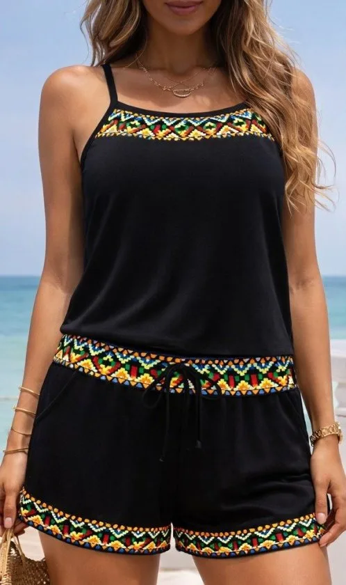 Kadın Ip Askılı Etnik Desen Detaylı Kısa Viskon Bluz Ve şort Ikili Takım, 36214 - Siyah – Siyah, 2XL-3XL