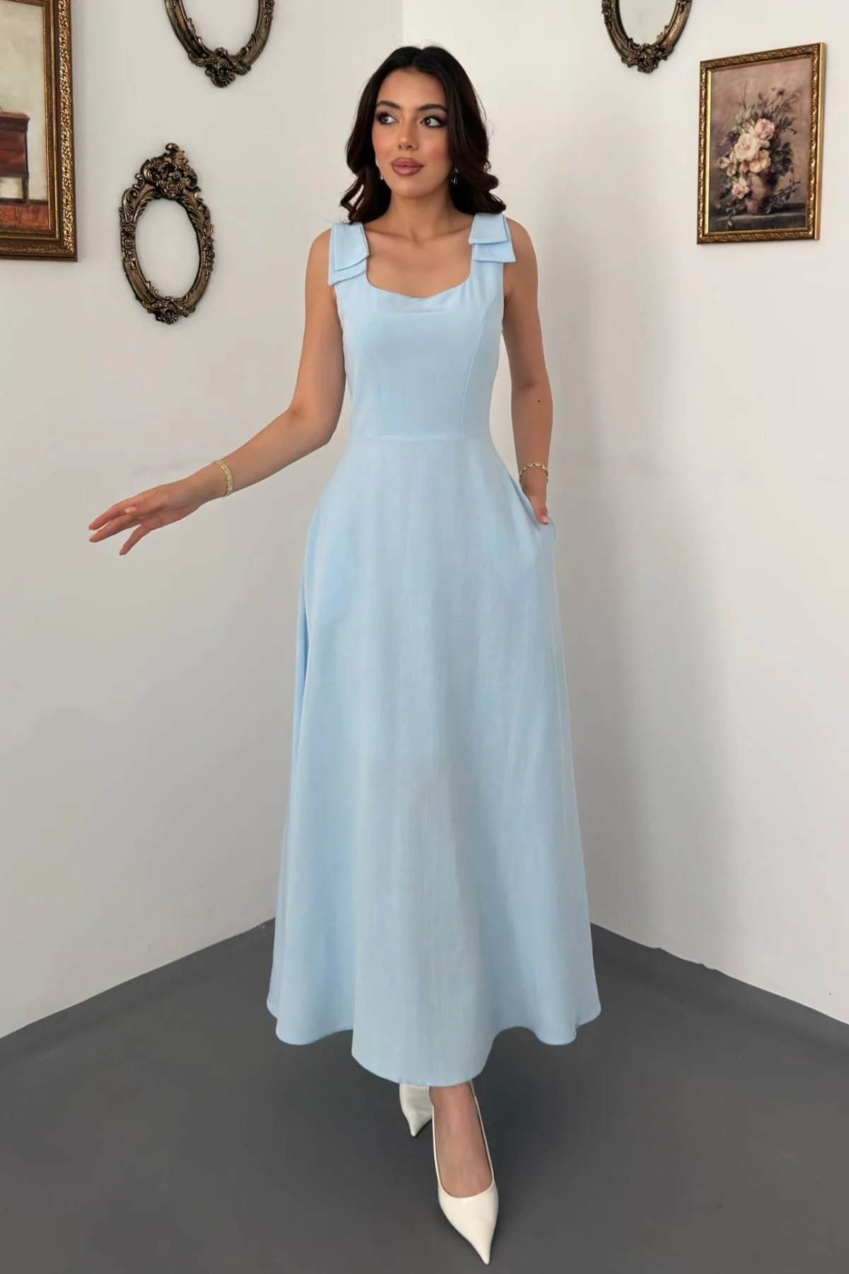 Bebe Mavi Omuzları Fiyonklu Elbise - Bebe Mavi – Bebe Mavisi, L