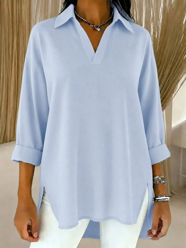 Kadın Truvakar Kollu Yakalı Rahat Gömlek, 36244 - Mavi – Mavi, 2XL-3XL