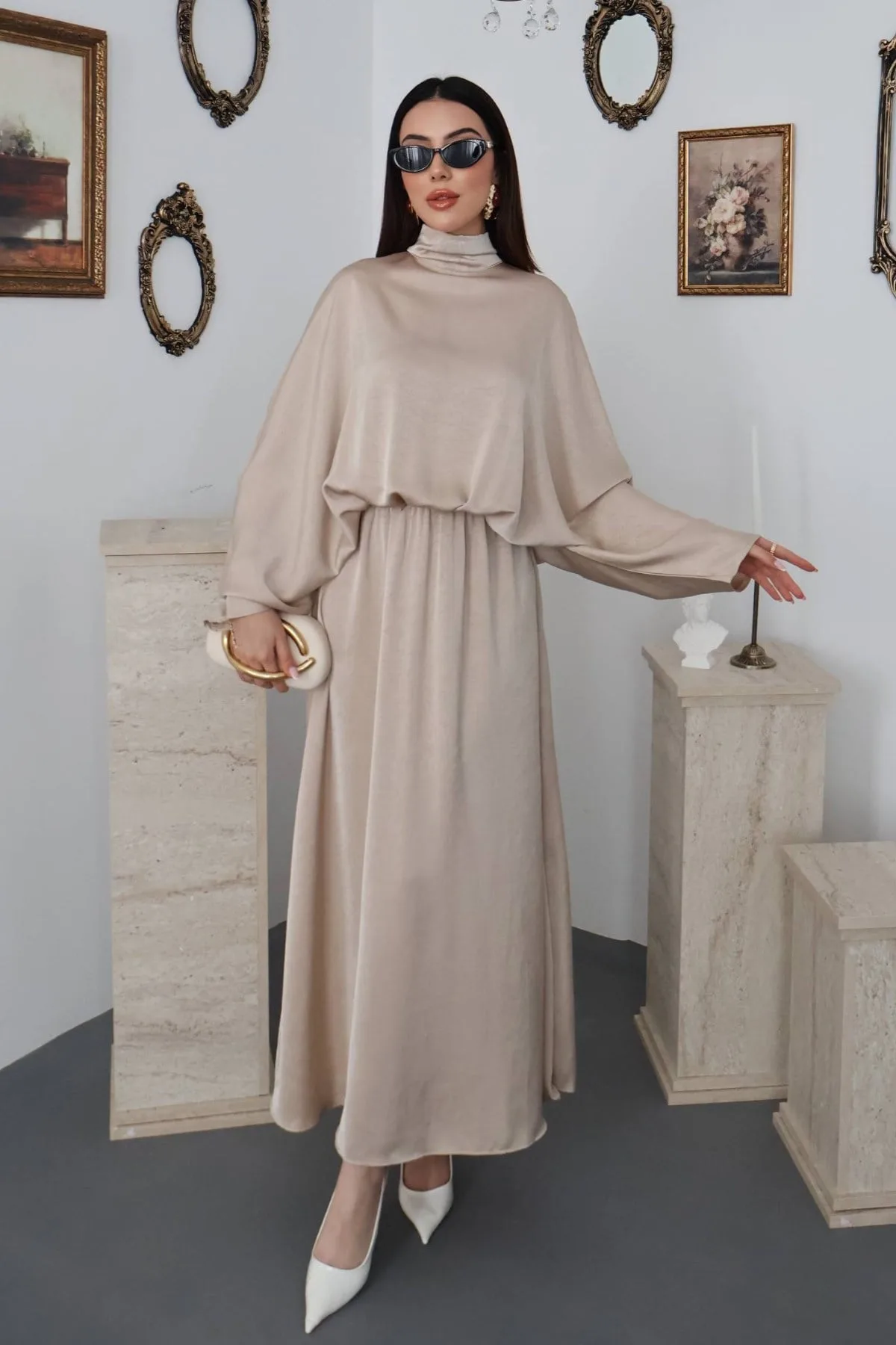 Bej Jakarlı Saten Elbise - Bej – Bej, L