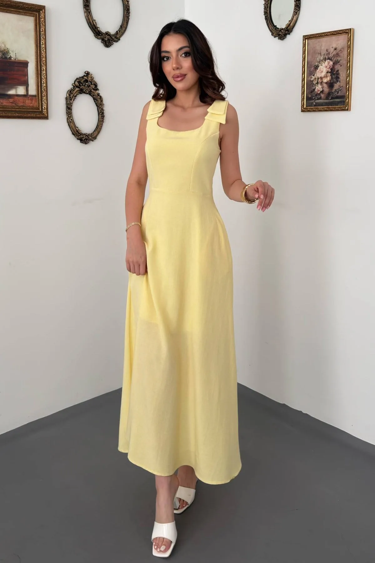 Sarı Omuzları Fiyonklu Elbise - Sarı – Sarı, L