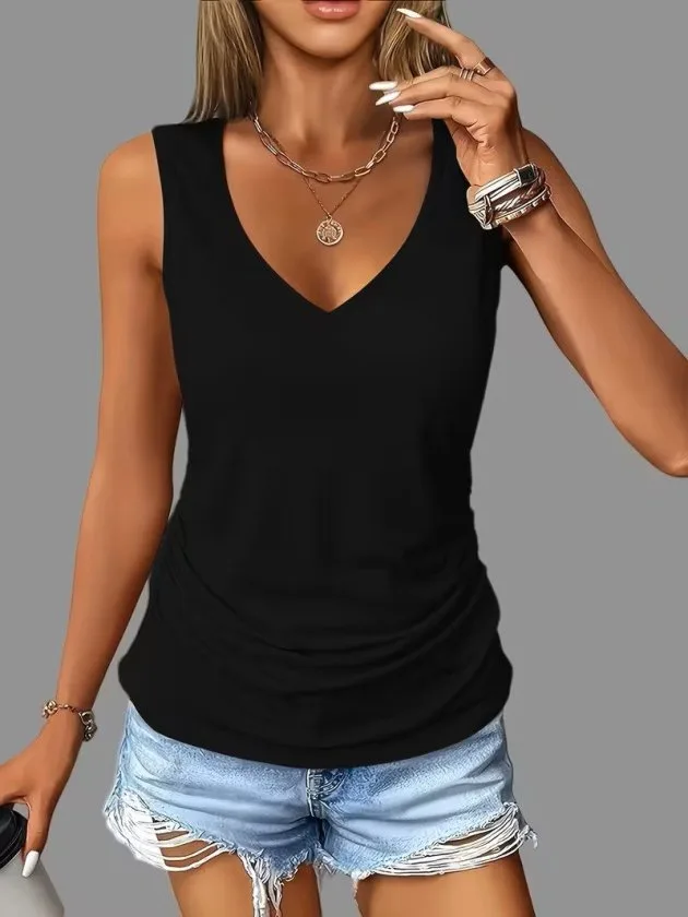 Kadın Askı Derin V Yakalı Viskon Bluz, 36355 - Siyah – Siyah, L-XL