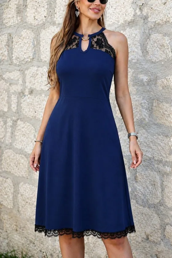 Kadın Omuzlardan Açık Yakadan Halka Aksesuar Detaylı Dantel Midi Viskon Elbise, 36363 - Lacivert – Lacivert, 2XL-3XL