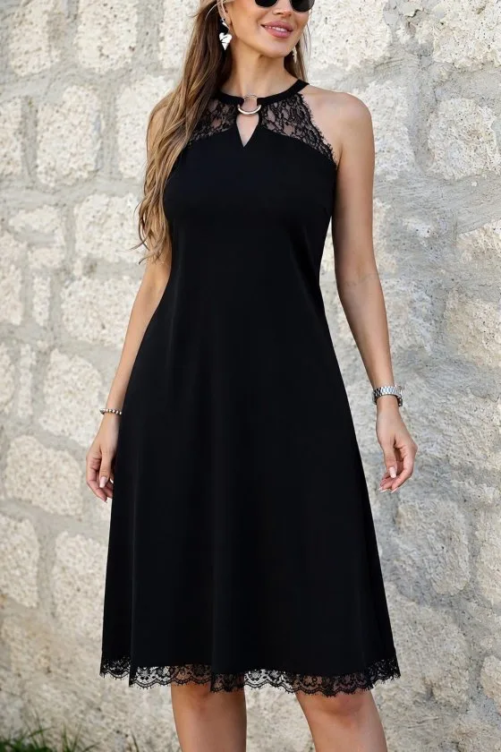 Kadın Omuzlardan Açık Yakadan Halka Aksesuar Detaylı Dantel Midi Viskon Elbise, 36361 - Siyah – Siyah, L-XL