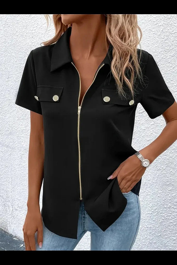 Kadın Kısa Kollu Ceket Yaka önü Fermuarlı Cep Detay Kısa Kol Ithal Krep Bluz, 36372 - Siyah – Siyah, S-M