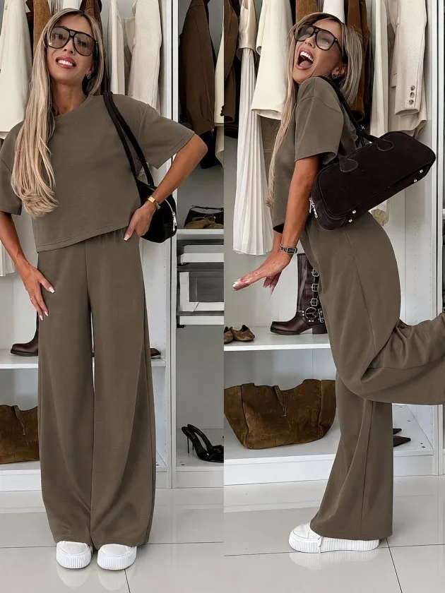 Kadın Kısa Kollu Bisiklet Yakalı Modal Bluz Ve Pantolon Ikili Takım, 36374 - Sütlü Kahve – Sütlü Kahve, S-M