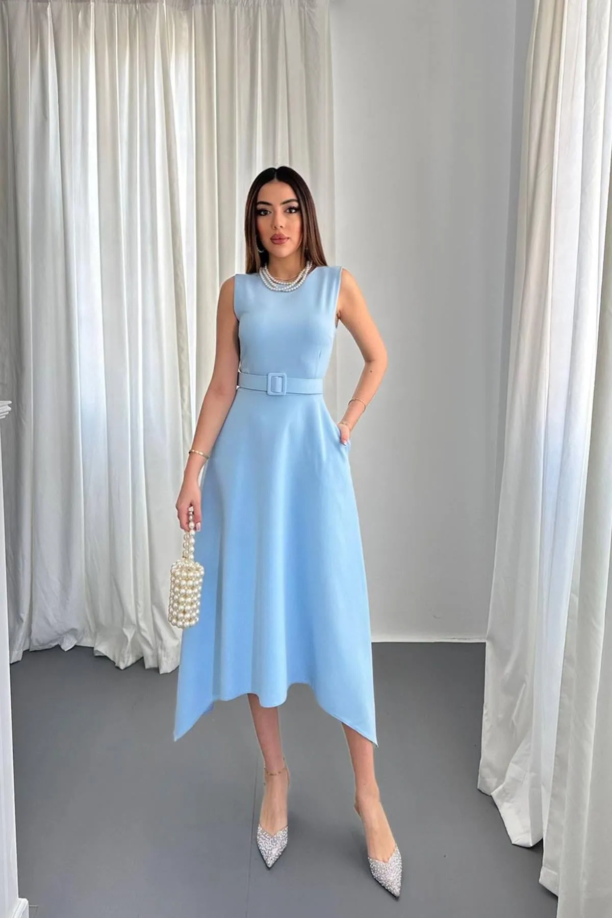Bebe Mavi Etek Ucu Asimetrik Atlas Elbise - Bebe Mavi – Bebe Mavisi, L