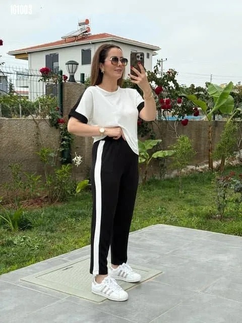 Kadın Kısa Kollu Modal Dokulu Kumaş Yanı şeritli Takım, 36403 - Siyah – Siyah, S-M