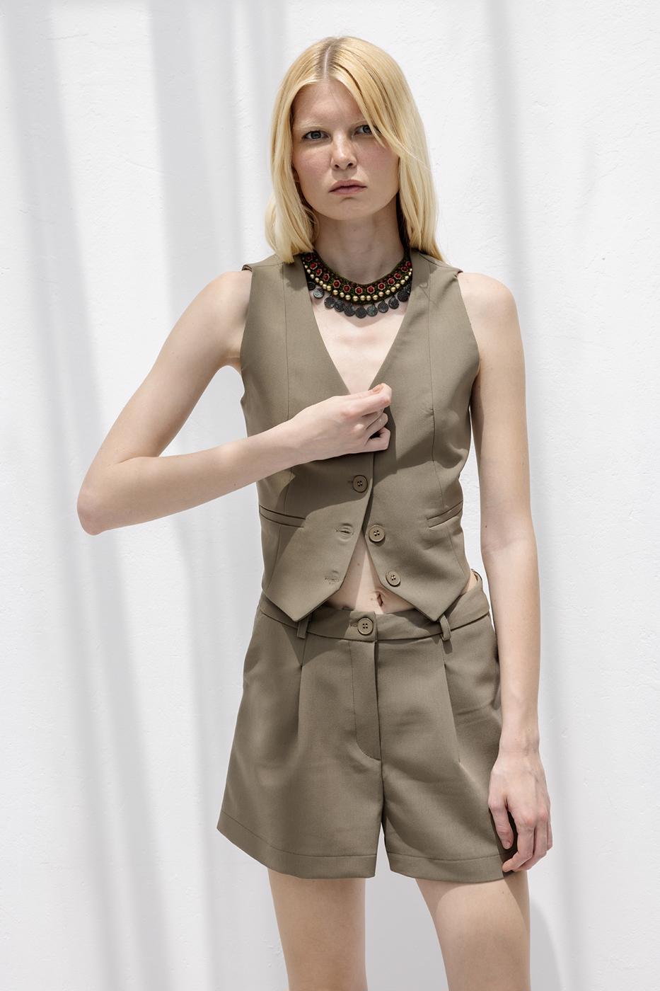 Pleated Mini Shorts - Khaki