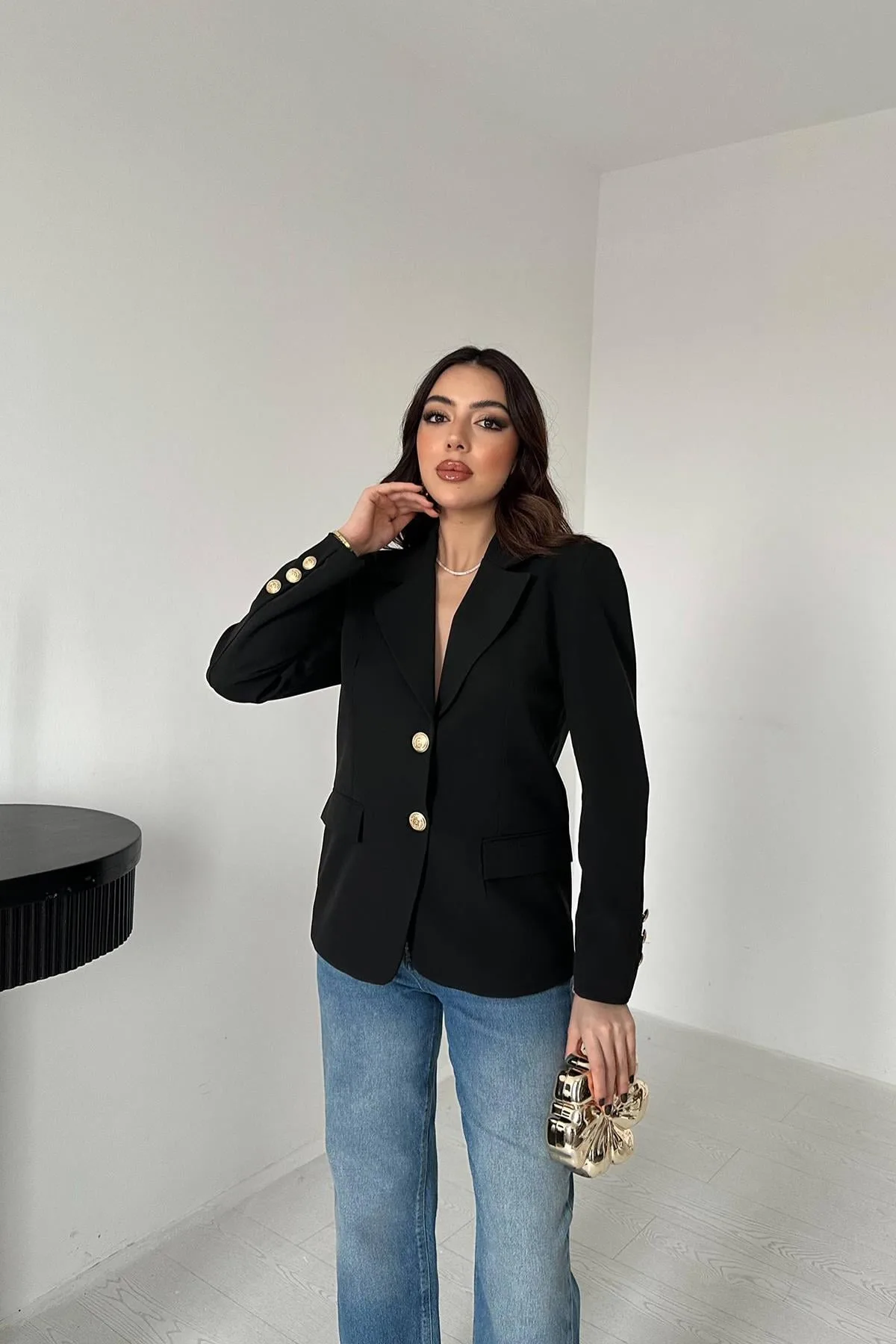 Siyah Gold Düğmeli Blazer Ceket - Siyah – Siyah, L