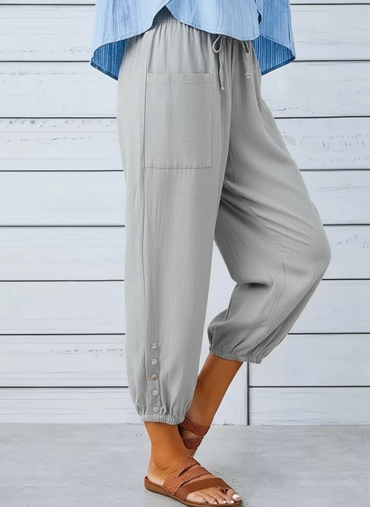 Kadın Beli Lastikli Bağcıklı Düğme Detaylı Pantolon , 36567 - Gri