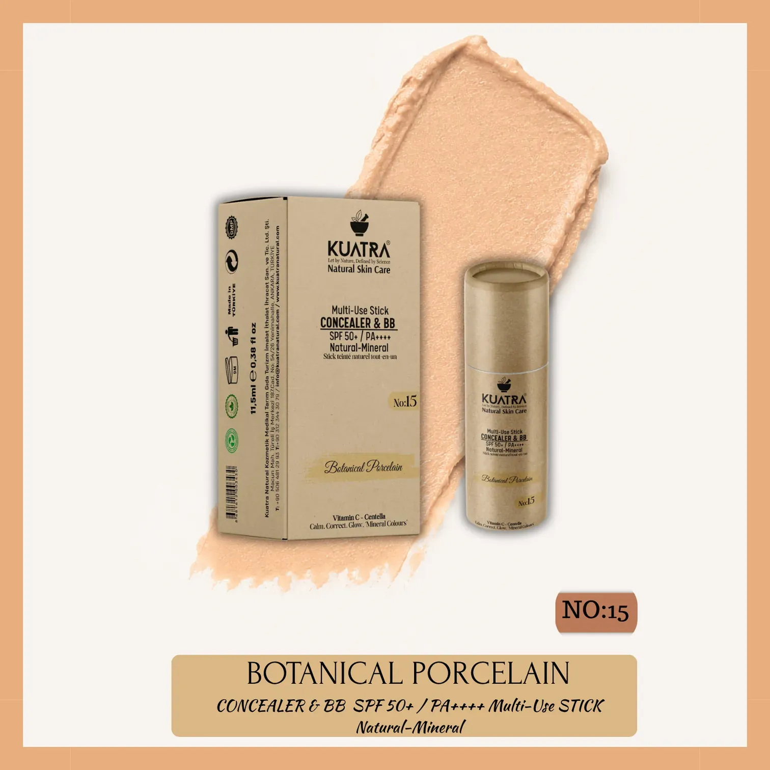 Kuatra Botanical Porcelain Natural-Mineral Stick Concealer & BB | SPF 50+ PA++++ | Çok Amaçlı Nemlendirici, Leke Karşıtı, Vitamin C, Renkli Bakım