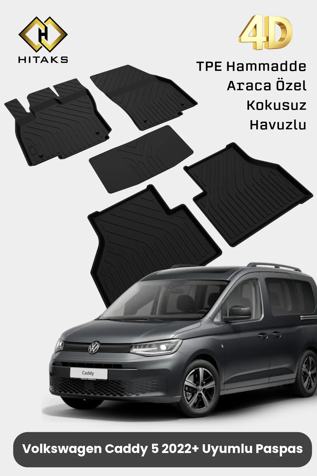 Volkswagen Caddy 2022+ Uyumlu Araca Özel 4D Havuzlu Oto Paspas