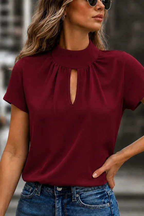 Kadın Kısa Kollu Balıkçı Yakalı Damla Detaylı Sandy Bluz, 36660 - Bordo – Bordo, 2XL-3XL