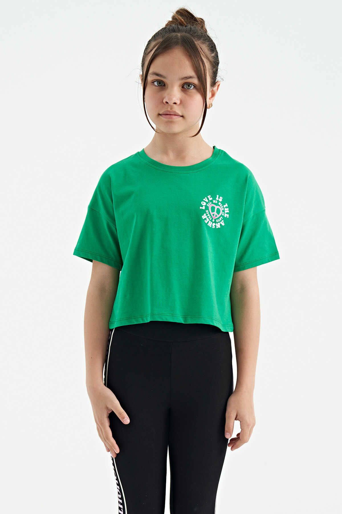 Tommylife Toptan Yeşil Ön Arka Baskılı O Yaka Düşük Omuz Oversize Kısa Kollu Kız Çocuk T-Shirt - 75126 - YEŞİL