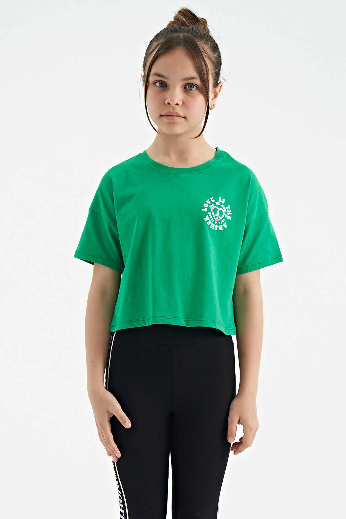 Tommylife Toptan Yeşil Ön Arka Baskılı O Yaka Düşük Omuz Oversize Kısa Kollu Kız Çocuk T-Shirt - 75126 - YEŞİL – Yeşil, 7-8