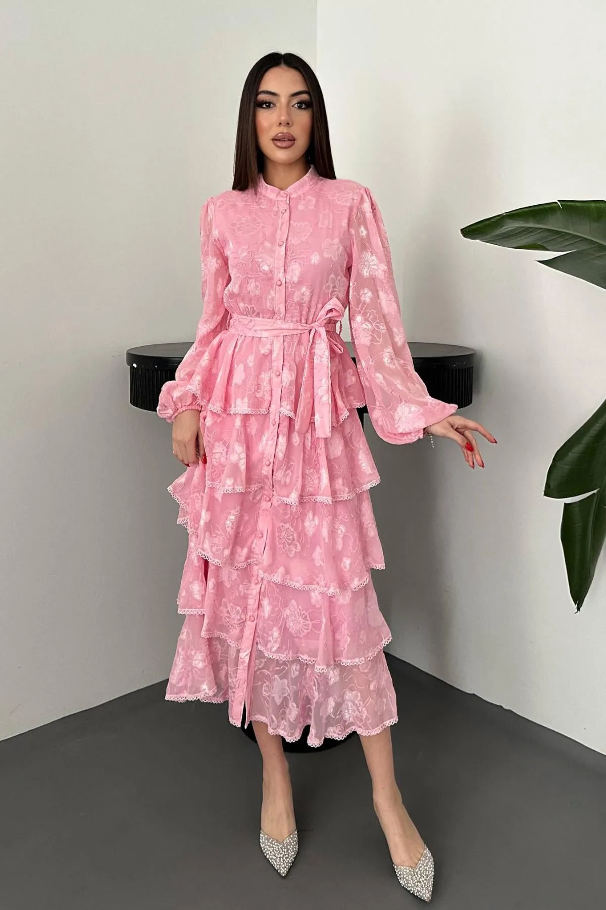 Pembe Kat Kat Volanlı Elbise - Pembe – Pembe, L