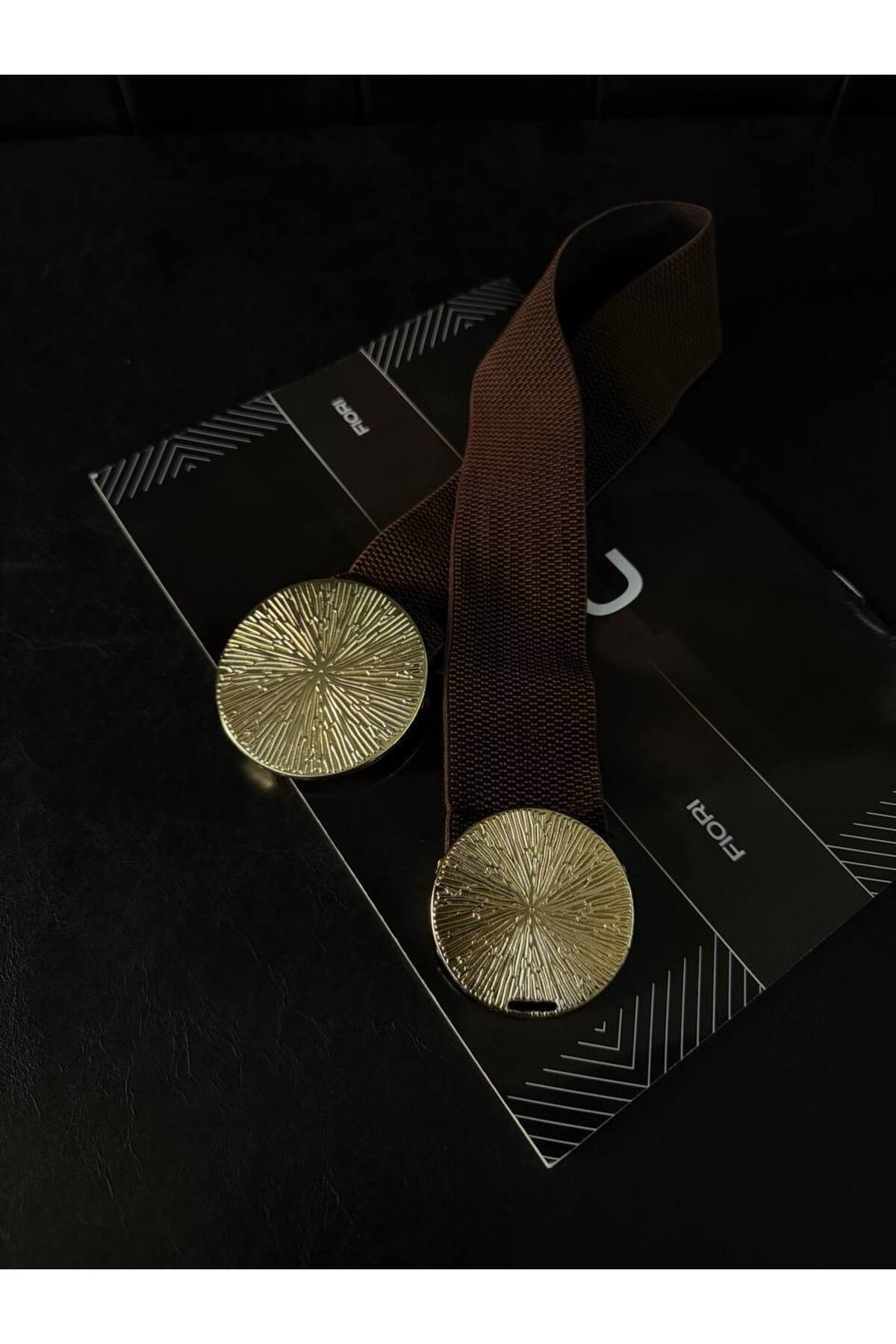 Gold Tokalı Geçmeli Elastik Kadın Kemeri, Ceket Kemeri, Gömlek Kemeri, Elbise Kemeri - Kahverengi