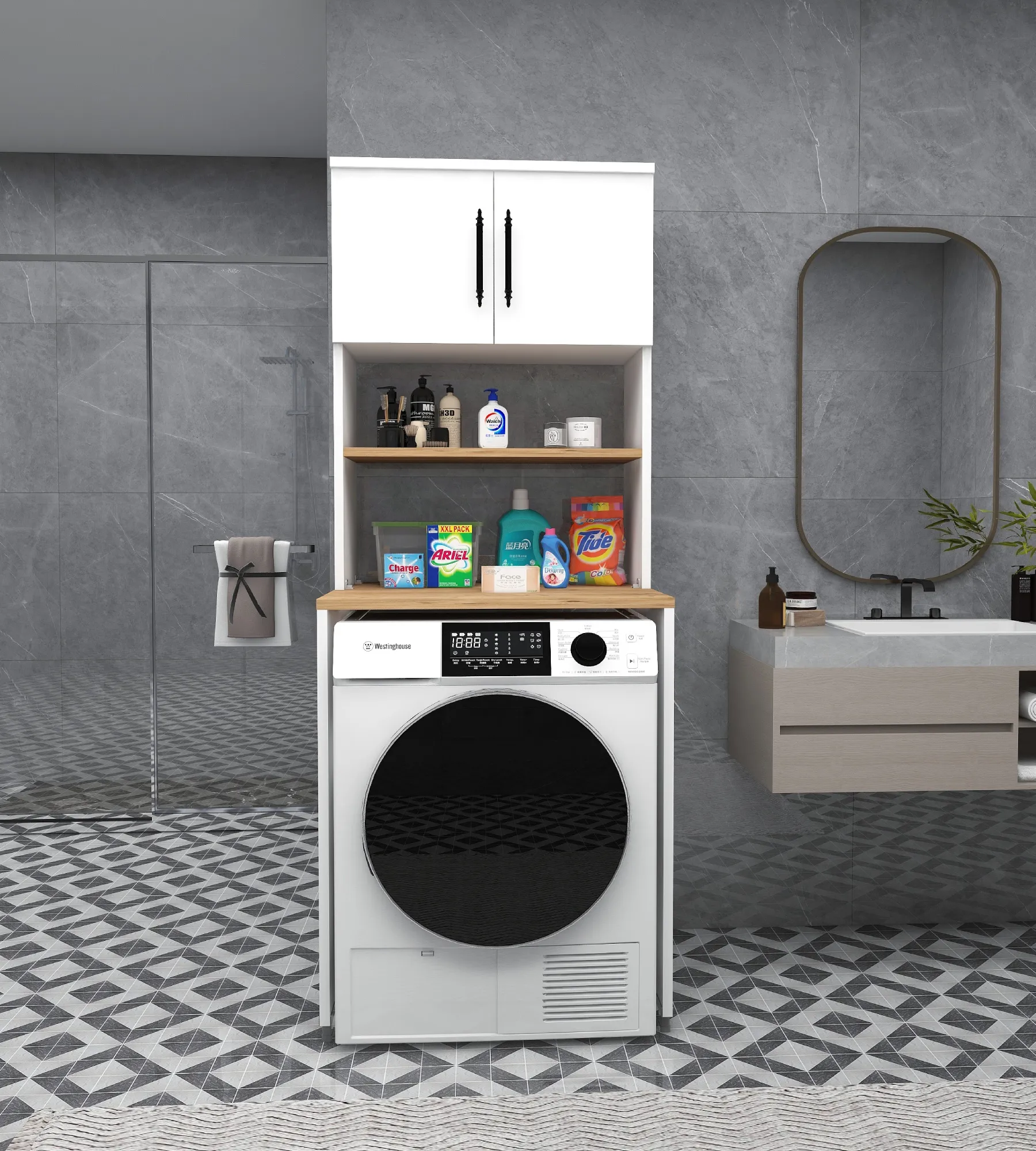 Çamaşır Makinesi Dolabı 3 Raflı Kapaklı Banyo Dolabı Atlantik Çam - Beyaz
