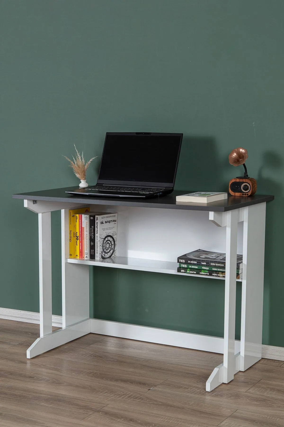 Pillar Kütüphaneli Geniş Çalışma Masası 100x56 Cm Beyaz - Antrasit