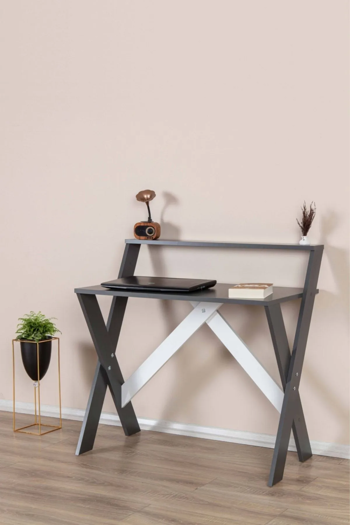 X Ayaklı Raflı Ders Çalışma Masası 50x90 cm Antrasit - Beyaz